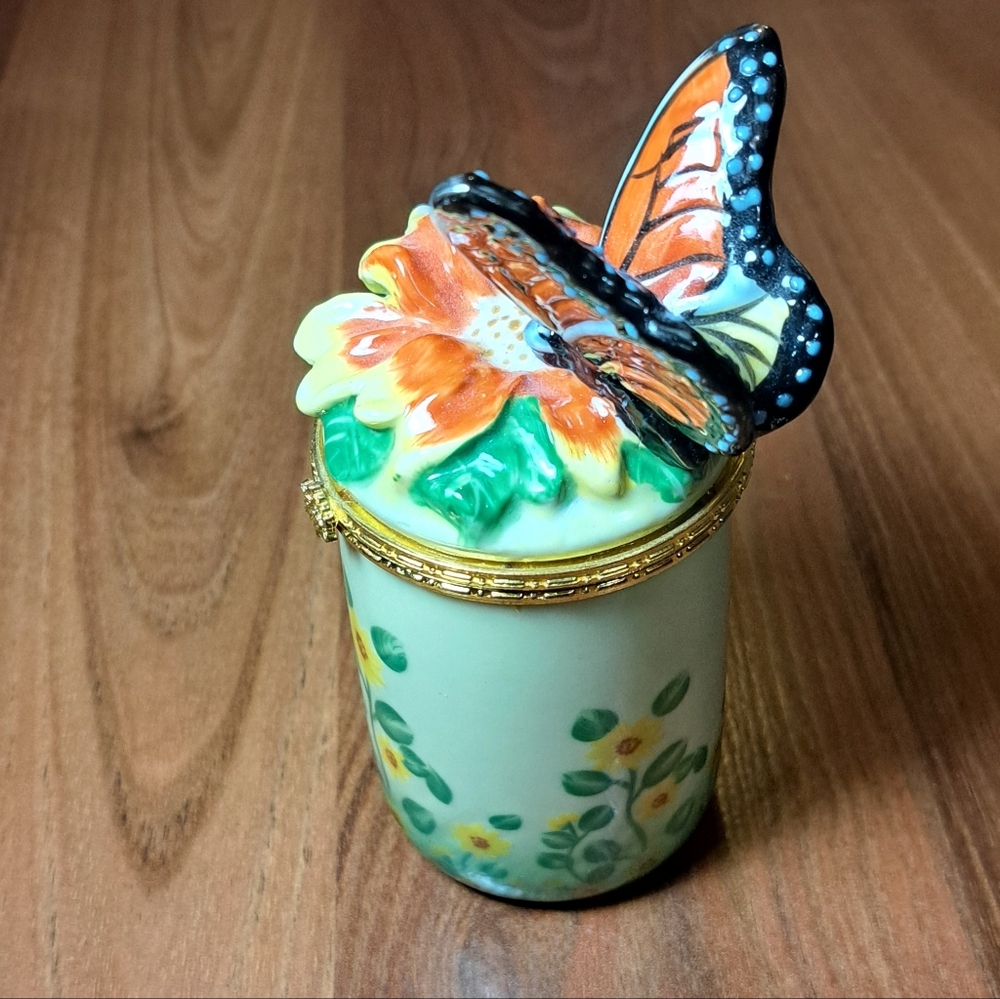 Bombay Butterfly & Sunflower Porcelain Trinket Jar in Orange, Green, Gold